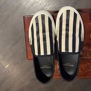 Saint Laurent Black & Cream Striped Slip-On Sneakers